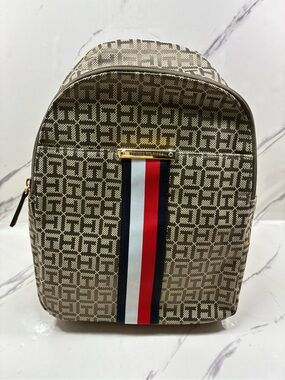 Tommy Hilfiger Beige Monogram Backpack with Red-White-Blue Stripe